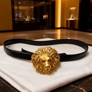 Vtg Bold Gold tone Lion Head Lizard Black Genuine Snake skin BELT adjustable